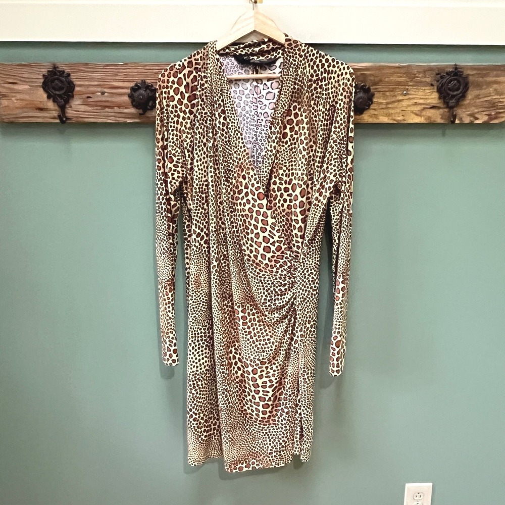 Norma Kamali Cocoa Animal Leopard Print Ruched V-Neck Dress XL NK419803A